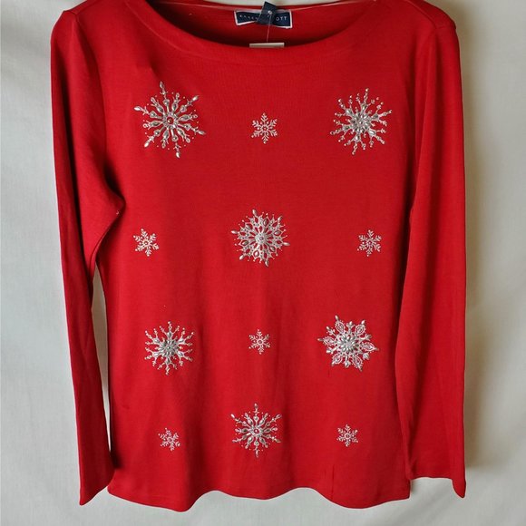 Karen Scott Red Long Sleeve Top W/ Snow Flakes Medium - Picture 3 of 4